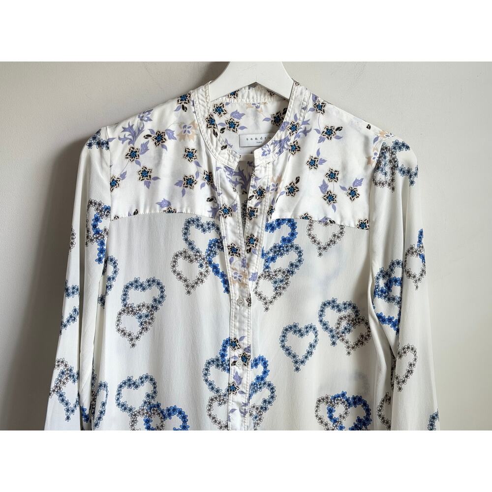 Sandro Paris Heart Print Long Sleeve Mini Shirt Dress White Blue Silk EU 38 M - Picture 3 of 11